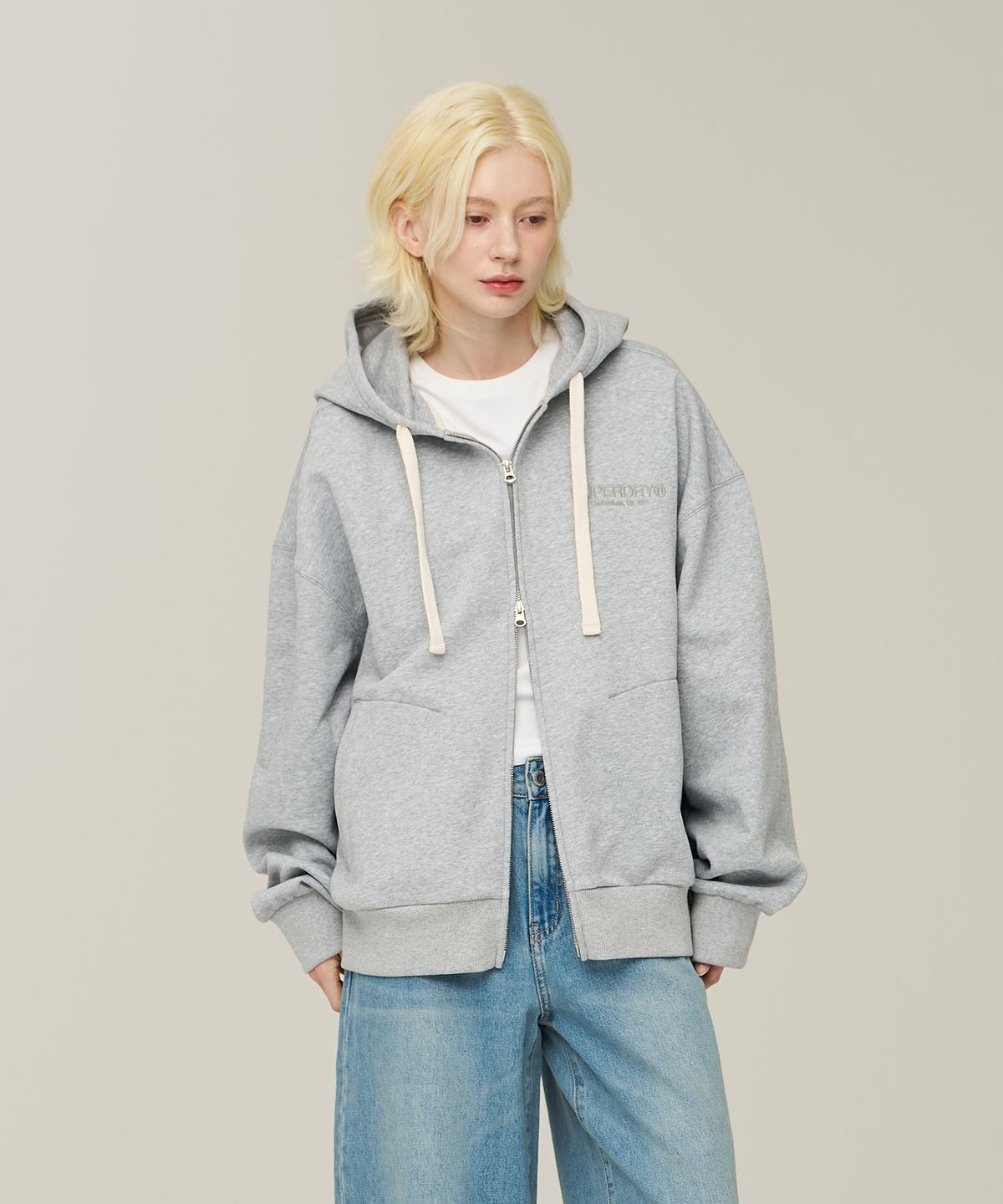 슈퍼드라이(SUPERDRY) 코어 2-WAY 후드집업 라이트 멜란지 그레이