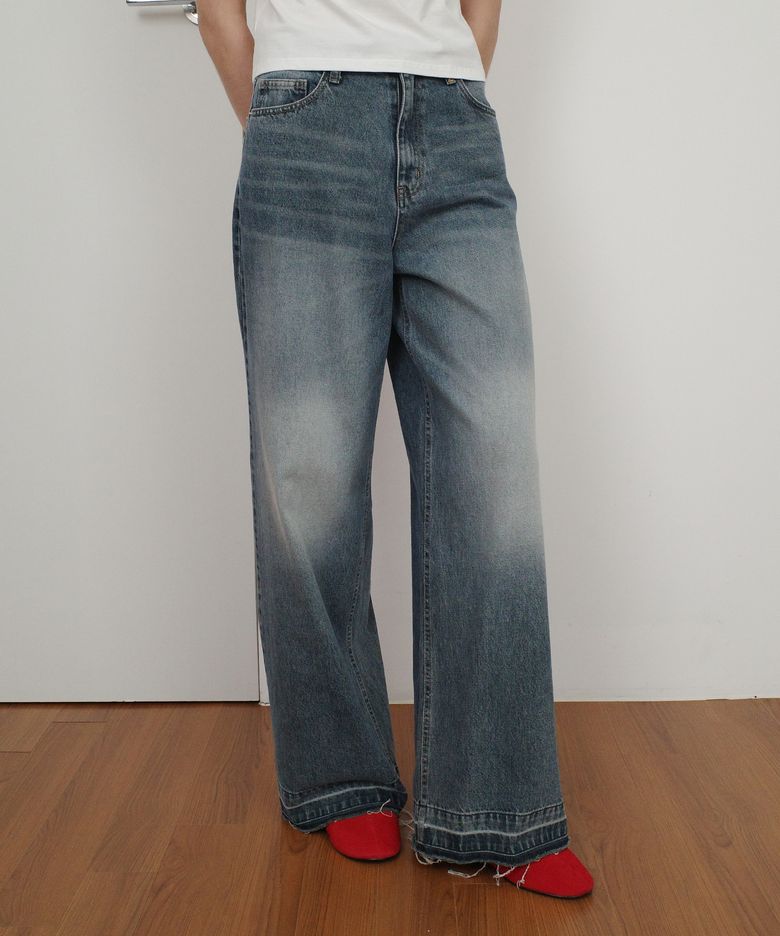 VINTAGE DAMAGE WIDE DENIM PANTS - BLUE