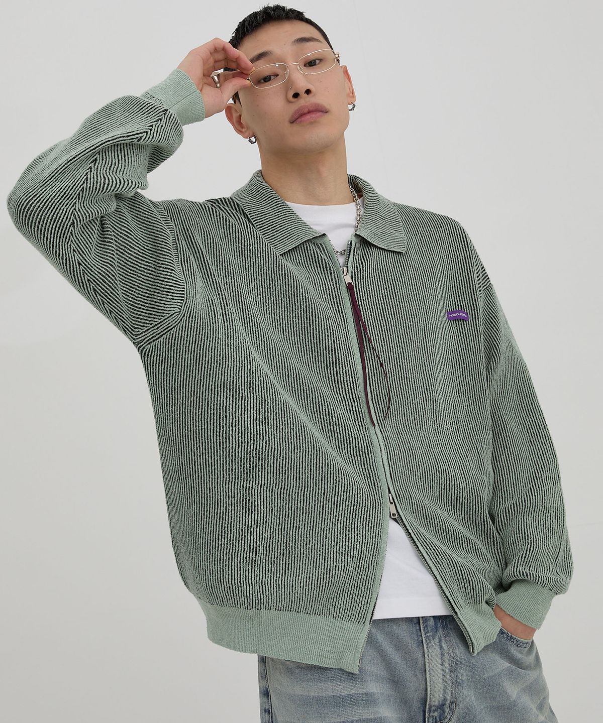 후드후드(HOODHOOD) 투톤 카라 니트 집업 민트