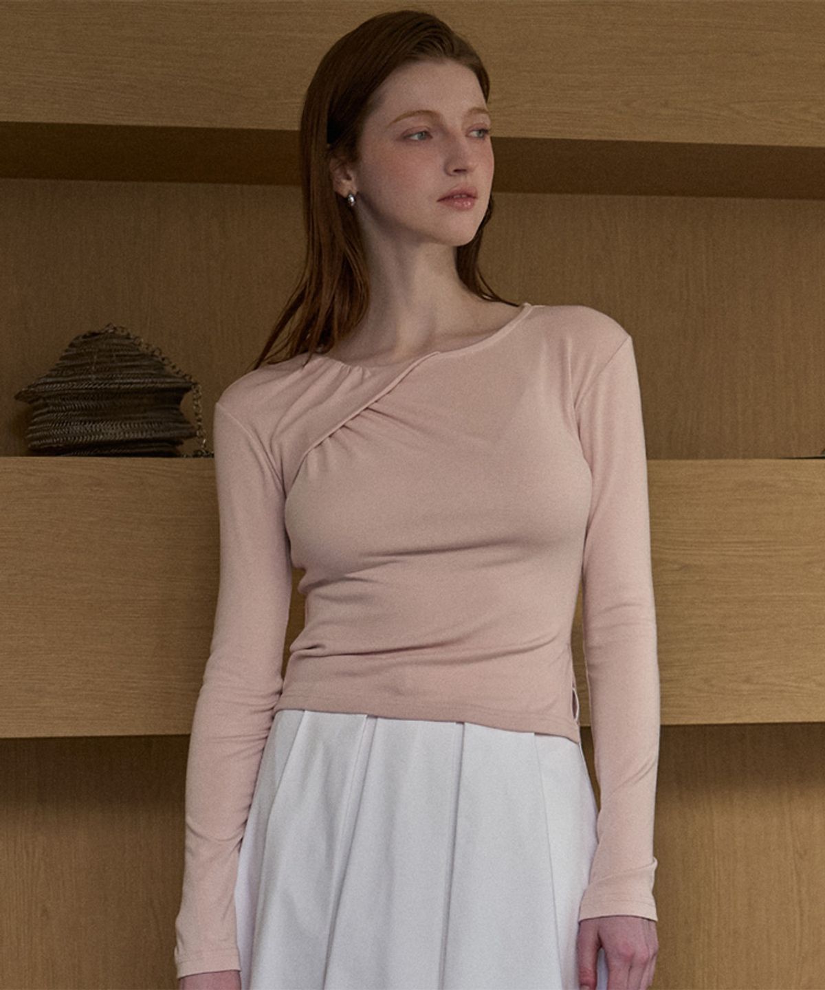 드헤베(DEHEVE) Shirring Cutting Line Long Sleeve [Pink]