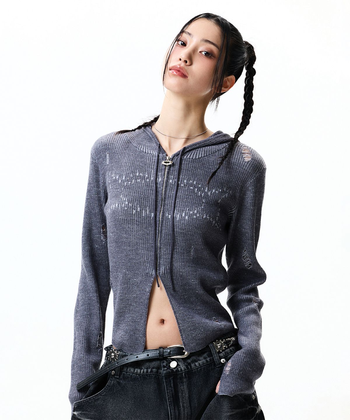 크리틱(CRITIC) WORMHOLE HOODIED KNIT(FOR WOMEN) CHARCOAL
