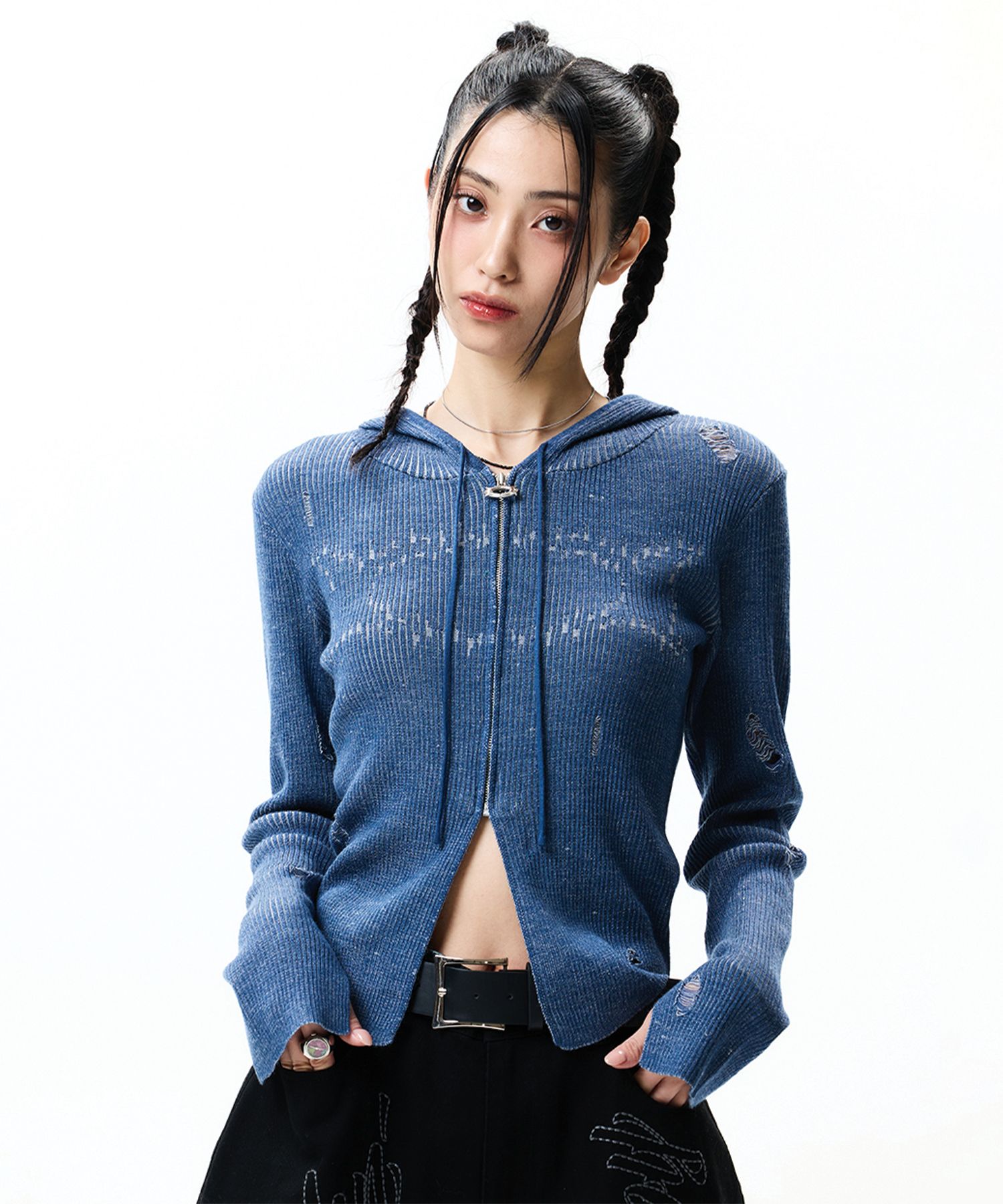 MUSINSA公式 | CRITIC WORMHOLE HOODIED KNIT(FOR WOMEN) BLUE