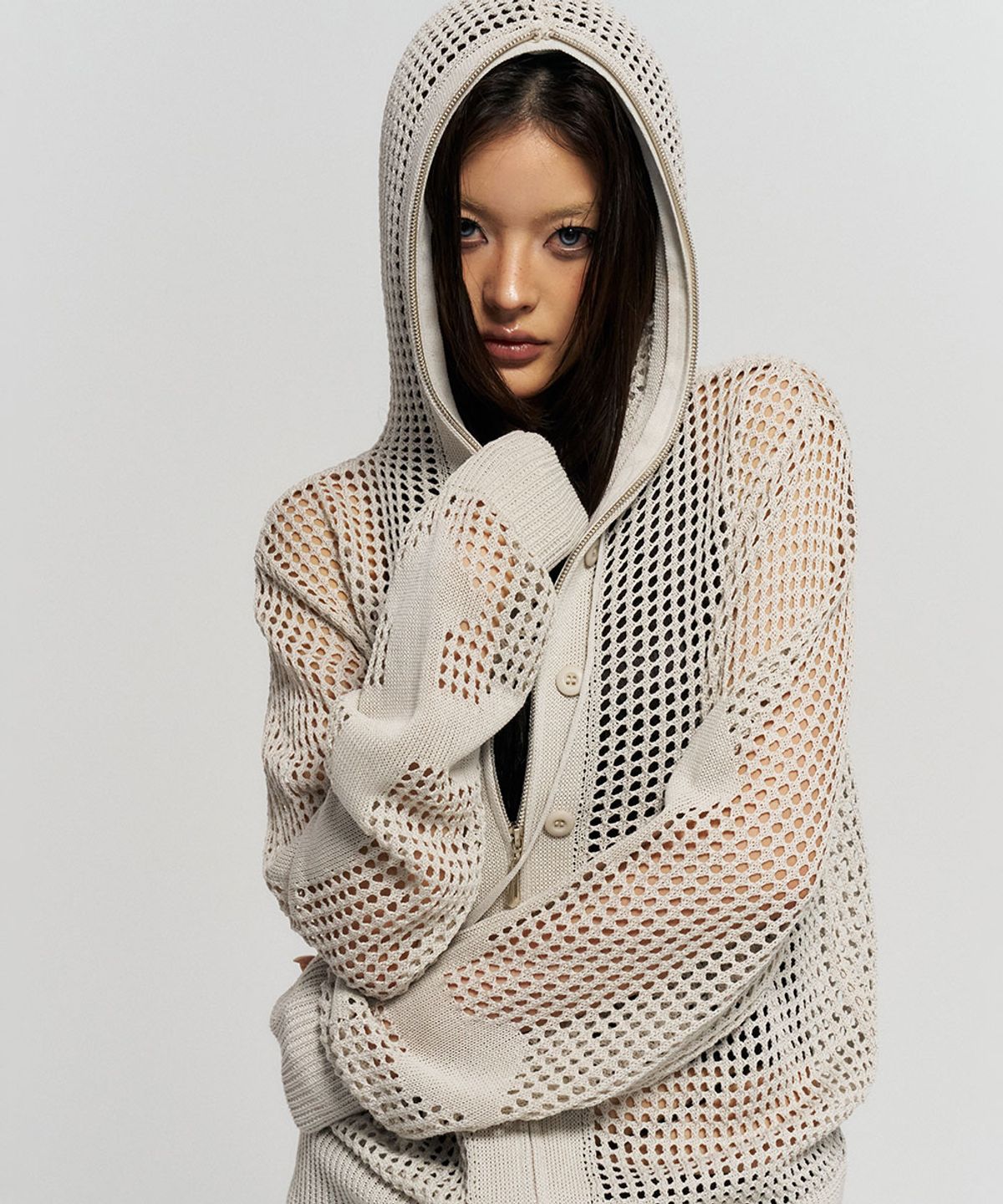 스키즘 인듀싱(SCHISM INDUCING) CROSS MESH ZIP HOODIE BEIGE