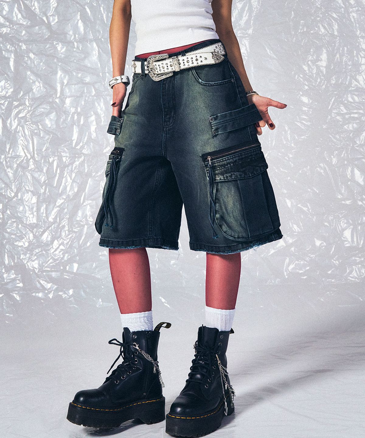 스키즘 인듀싱(SCHISM INDUCING) DENIM CARGO JORTS DARK GREEN
