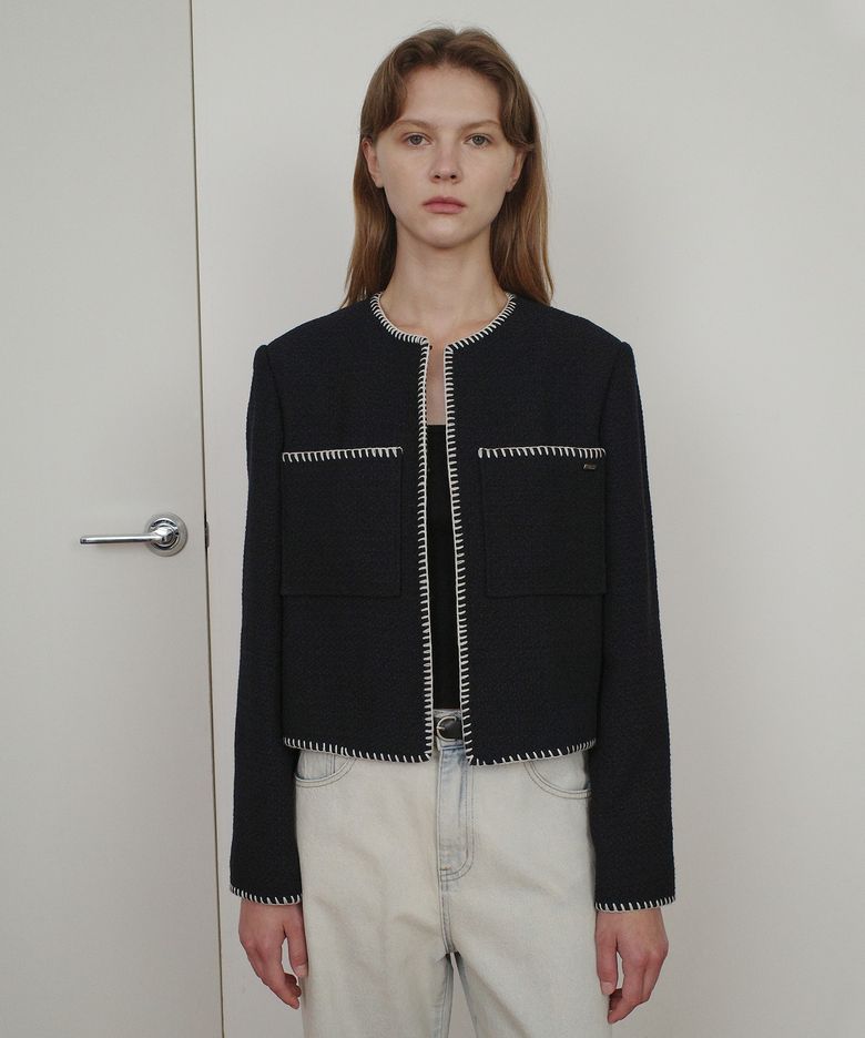 MELO STITCH POCKET TWEED JACKET - NAVY