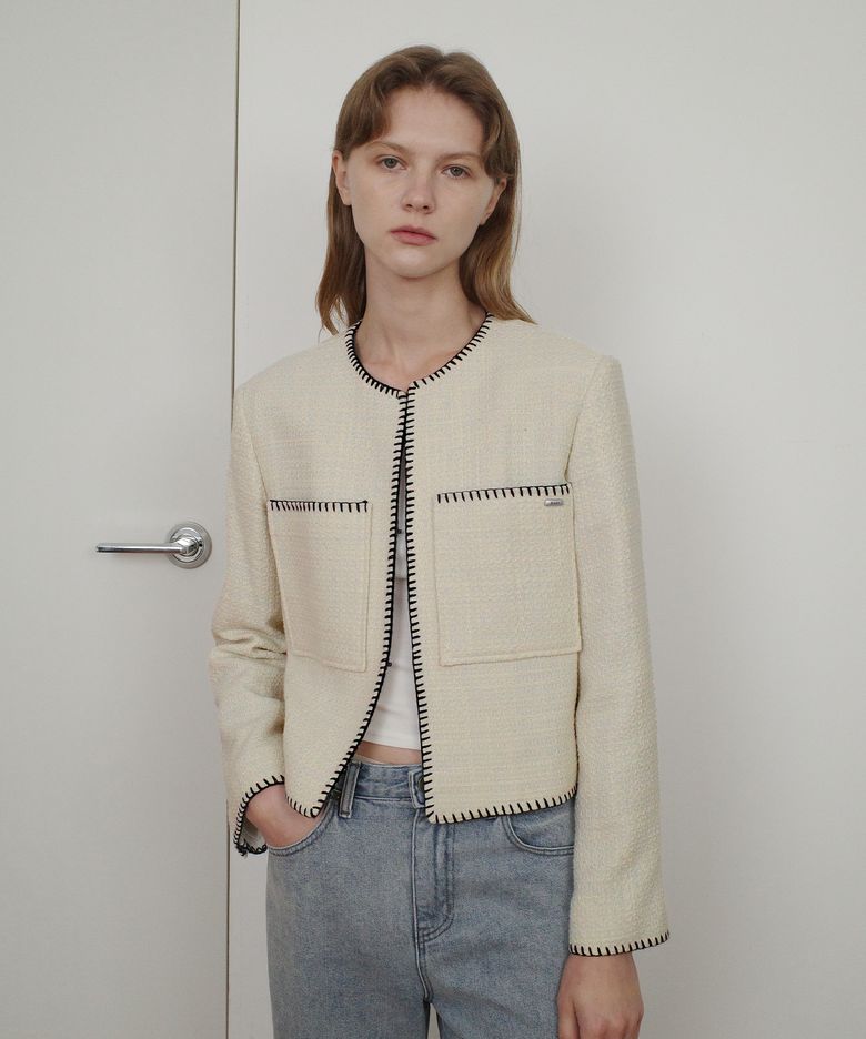 MELO STITCH POCKET TWEED JACKET - CREAM