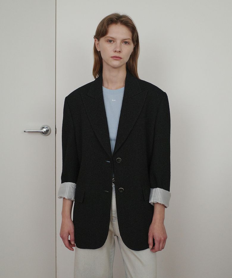 STRIPE TWEED SINGLE JACKET - BLACK