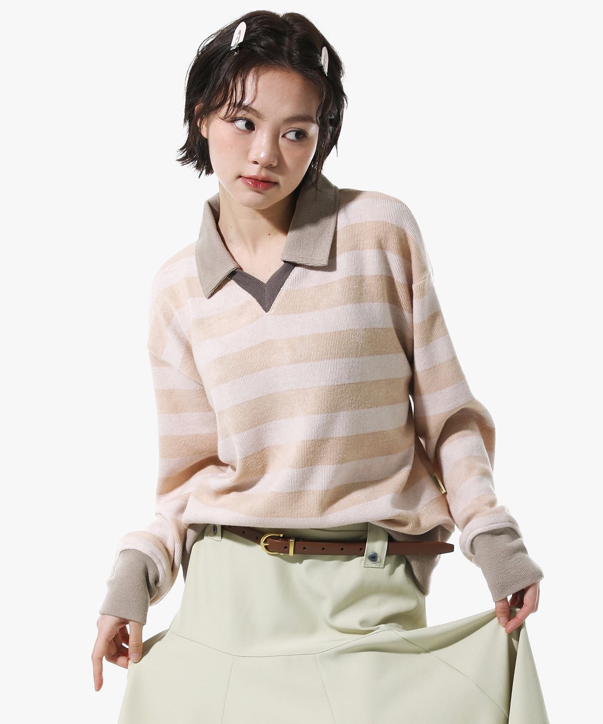 피스메이커(PIECE MAKER) STRIPE V NECK COLLAR KNIT (BEIGE)