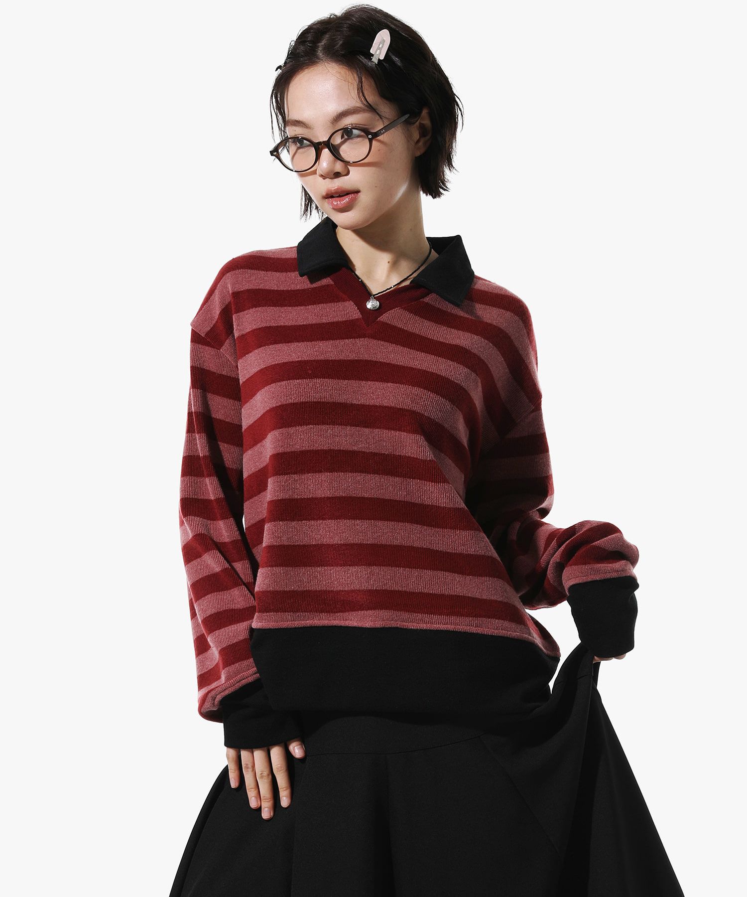 MUSINSA PIECEMAKER STRIPE V NECK COLLAR KNIT (BURGUNDY)