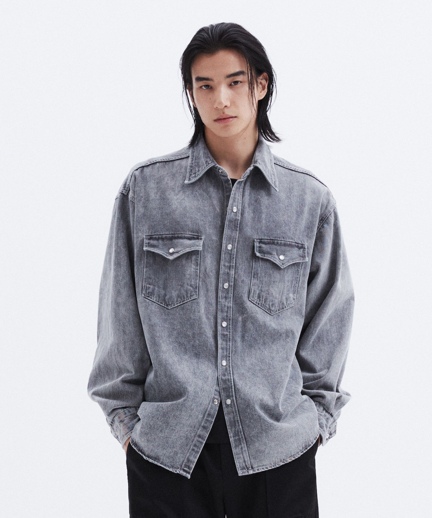 MUSINSA | LEMARD Western Denim Snap Shirt - GREY