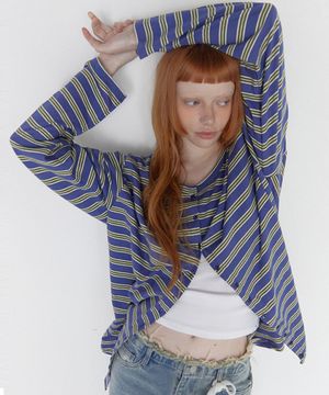 Stripe Button Long Sleeve Blue