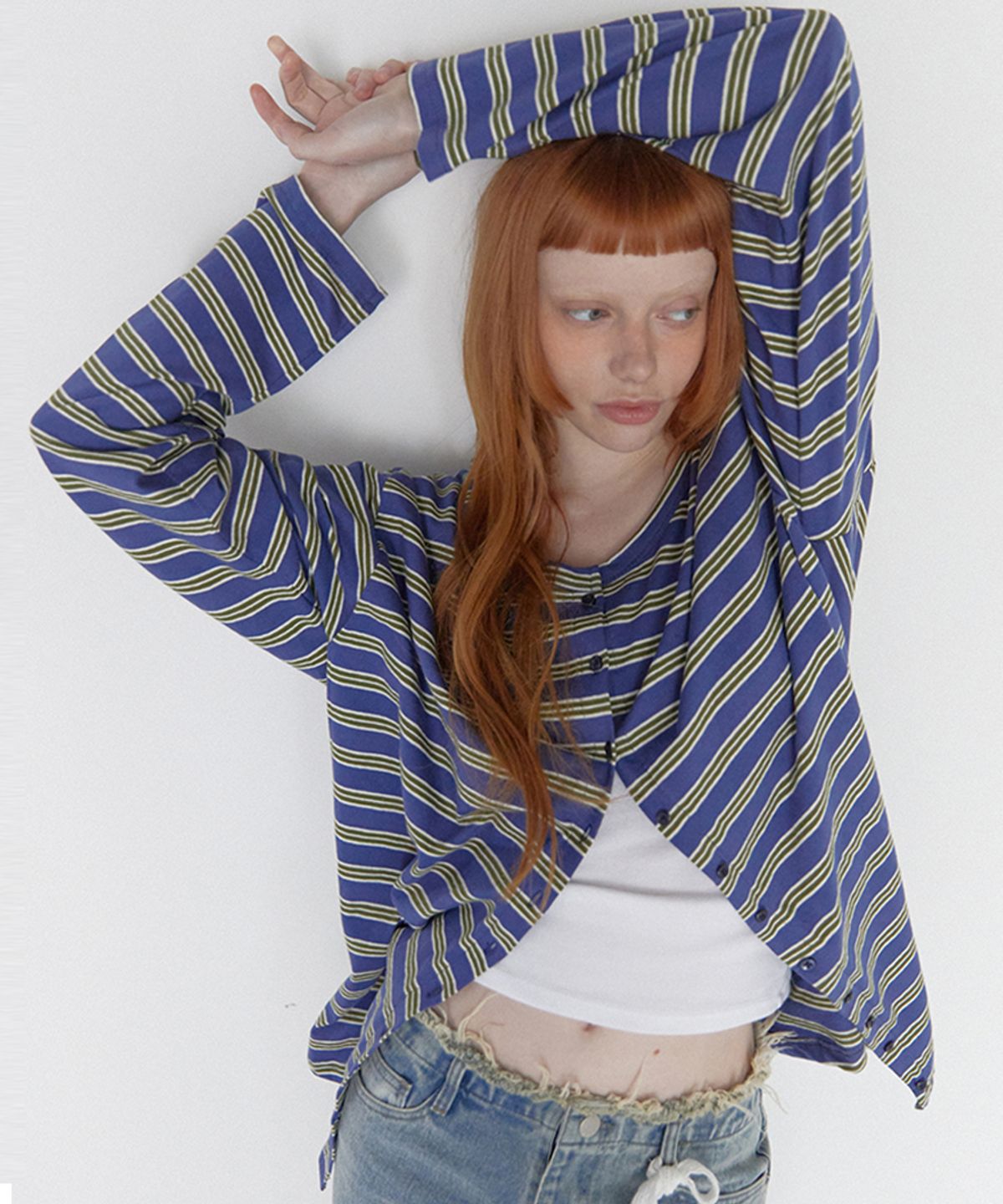 렌세(RENSE) Stripe Button Long Sleeve Blue