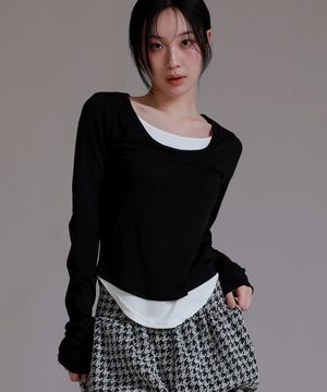 슬림 사이드 오프 레이어드 티셔츠_블랙