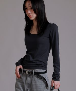 U 라운드 베이직 롱 슬리브 티셔츠_차콜