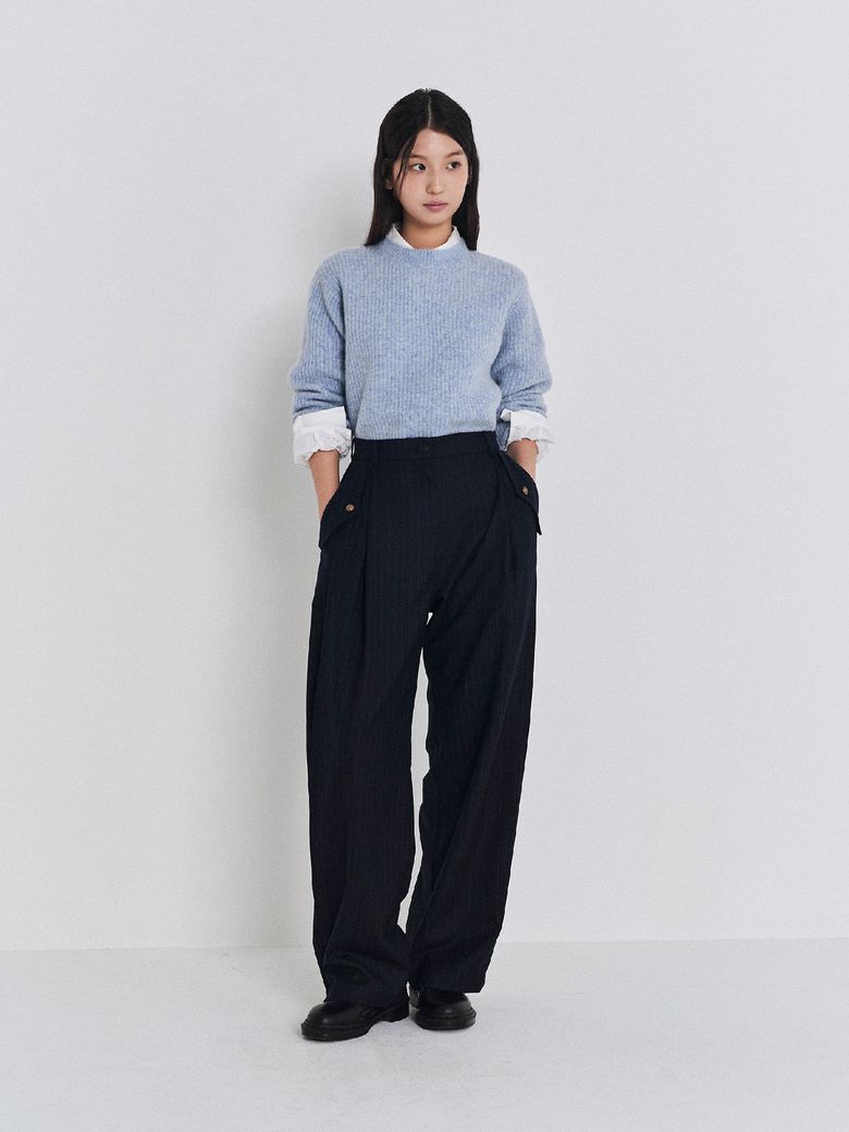 (W) STRIPE WOOL PANTS DARK NAVY
