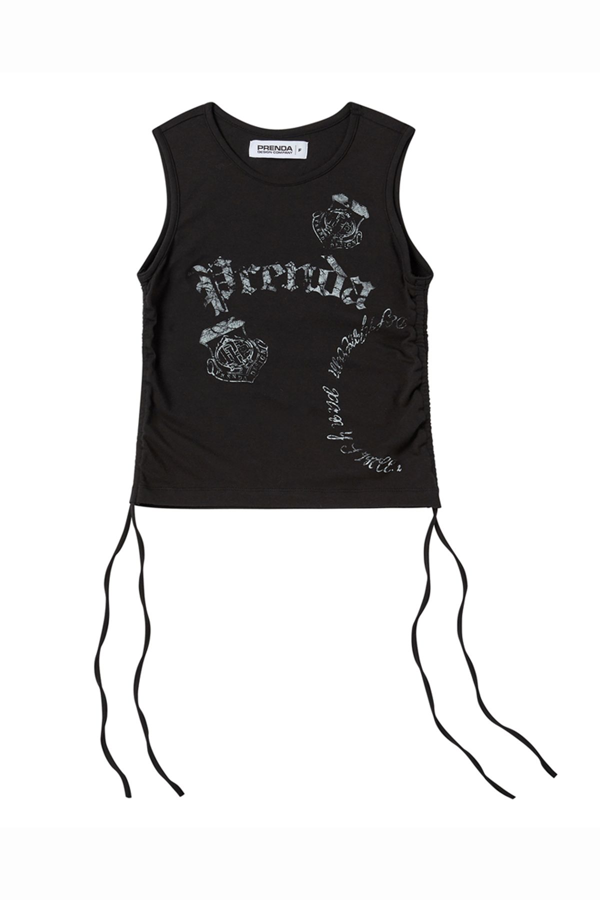 프렌다(PRENDA) SIDE SHIRRING VINTAGE LOGO SLEEVE LESS BLACK
