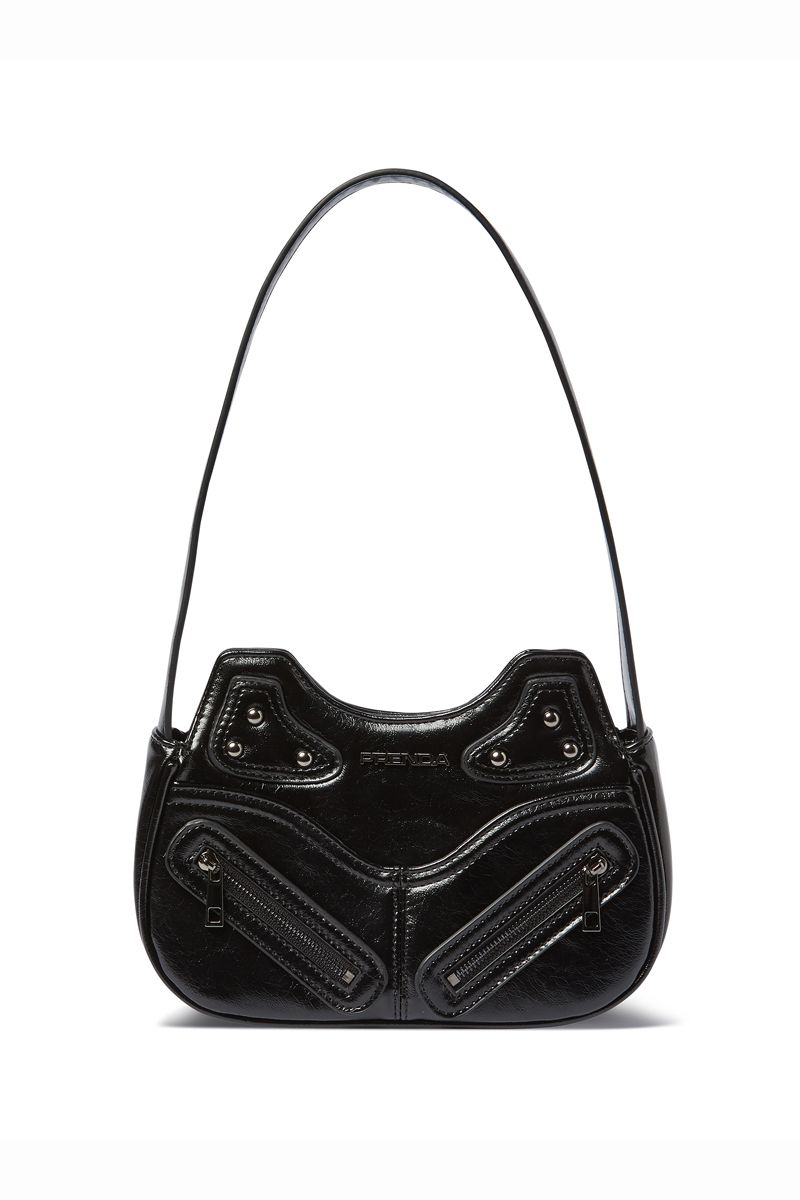 LEATHER POCKET SHIRRING RIBBON BAG BLACK