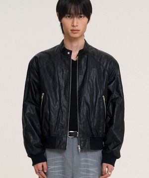 패널드 스포티 레더 자켓 BLACK