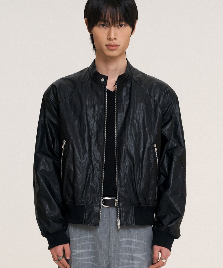 패널드 스포티 레더 자켓 BLACK
