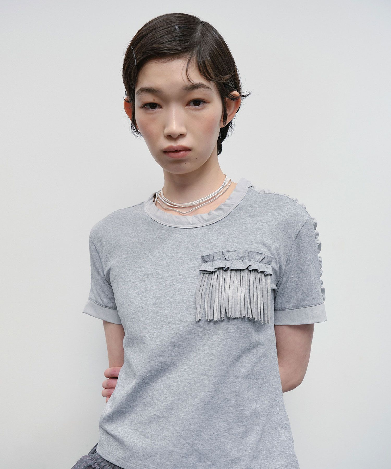 ◆typeservice◆ Shirred Fringe Trim Top Gray OSTT22GYF MUSINSA | TYPESERVICE Shirred Fringe Trim Top [Gray]