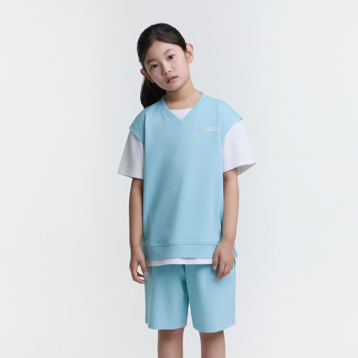 내셔널지오그래픽 키즈(NATIONAL GEOGRAPHIC KIDS) K252UPB920 컬러블럭 5부 상하 SET SKYMINT