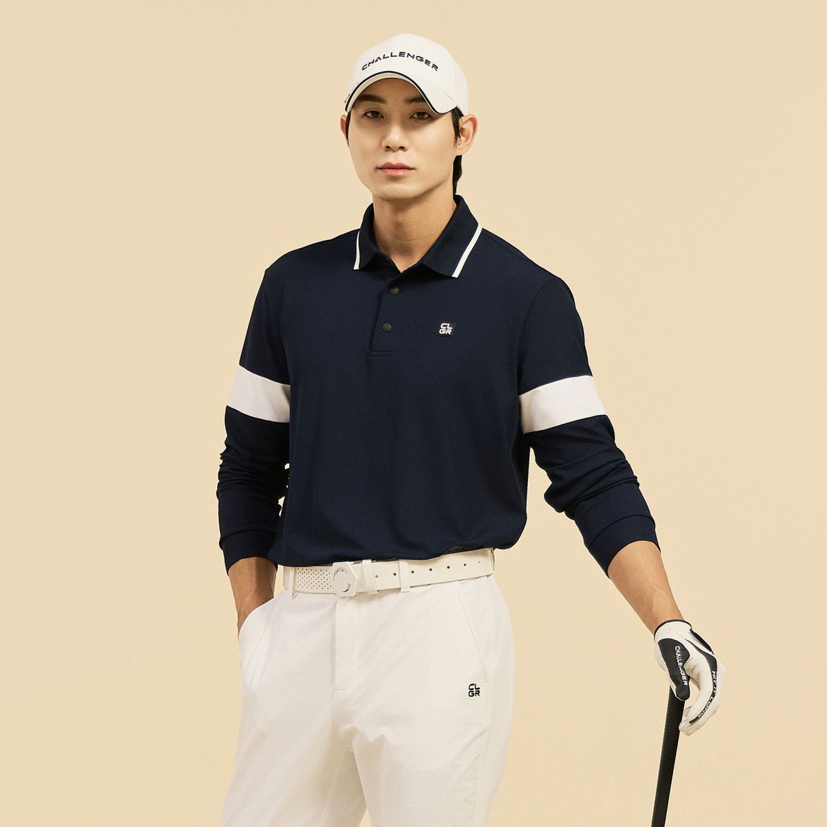 챌린저(CHALLENGER) 남성 에센셜 소매 배색 카라 긴팔 티셔츠 다크블루