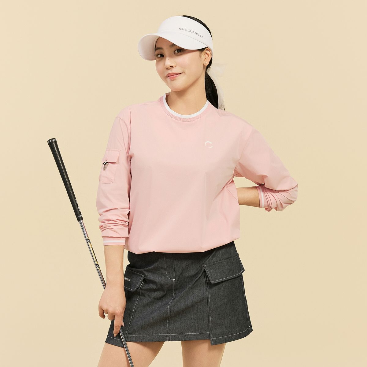 챌린저(CHALLENGER) 여성 경량 스트레치 소매 포켓 라운드넥 우븐탑 핑크