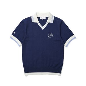 변형에리 스트라이프 조직 반팔 니트 BLUE (WOMAN)