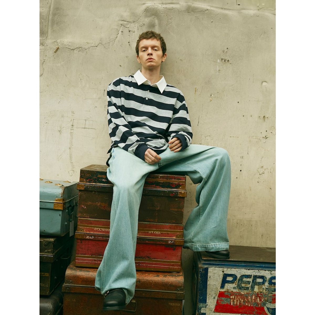 샌드 사운드(SAND SOUND) Bold Stripe Long Sleeve Polo TShirt  Grey