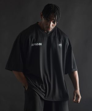 오버핏 럭비 저지 숏 슬리브 - 블랙