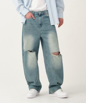 루즈 워시드 벌룬핏 와이드 데님 팬츠 유니섹스 (구제 블루)