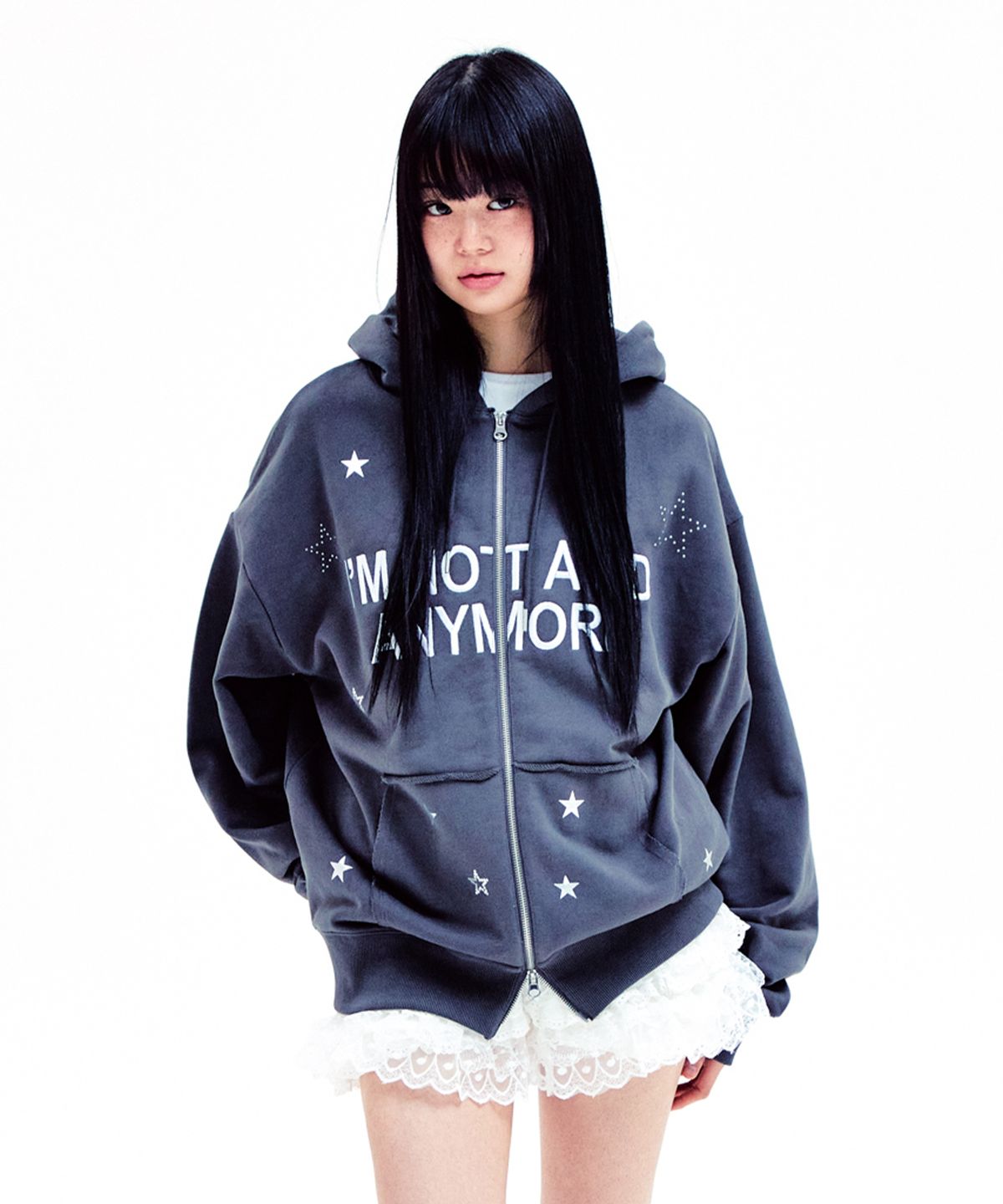 유희(YOUHEE) NOT A KID HOOD ZIP-UP CHARCOAL