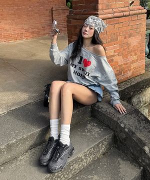 I LOVE OFF SHOULDER SWEATSHIRTS MELANGE GREY