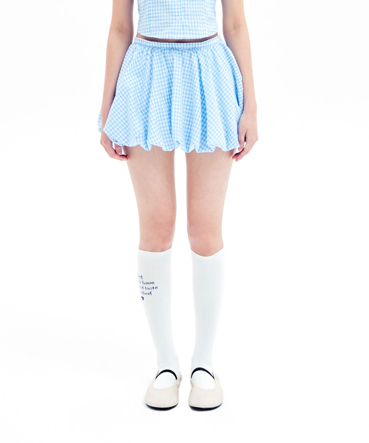 유희(YOUHEE) CHECK BALLOON MINI SKIRT LIGHT BLUE