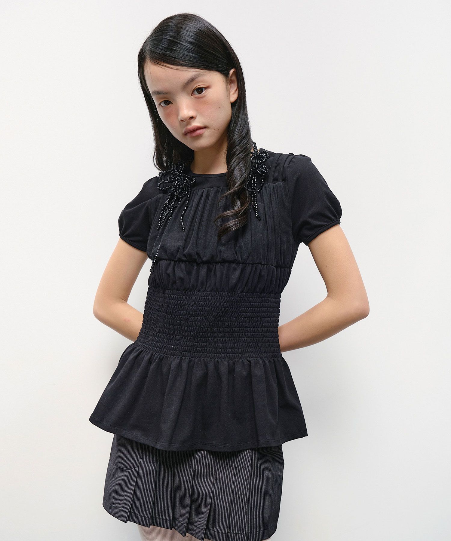KOWGA MUSINSA トップス MUSINSA公式 | TYPESERVICE Layered Smocked Top [Black]