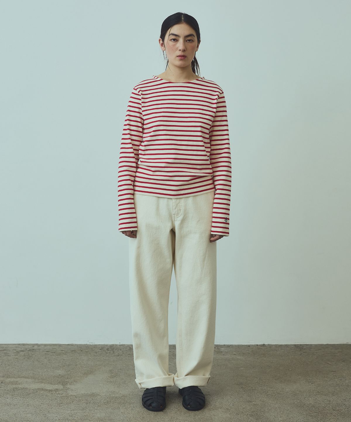 유니폼브릿지(UNIFORM BRIDGE) stripe boat neck naval l/s tee(womens) red