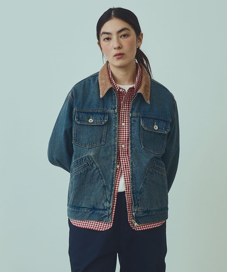 zip-up denim trucker jacket 13oz(womens) indigo washed