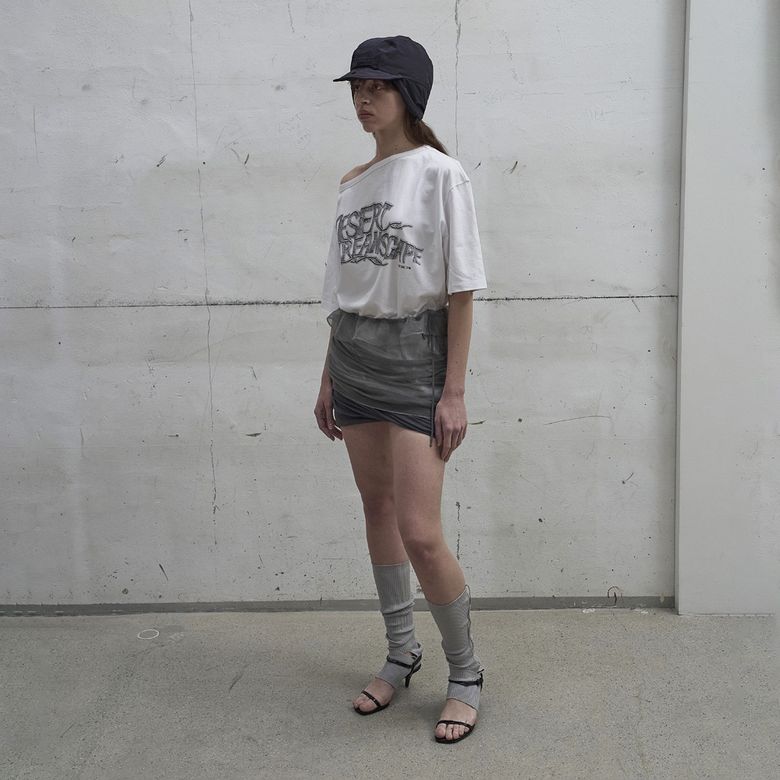 SHEER FRILL LAYERED KNIT SKIRT (GREY)