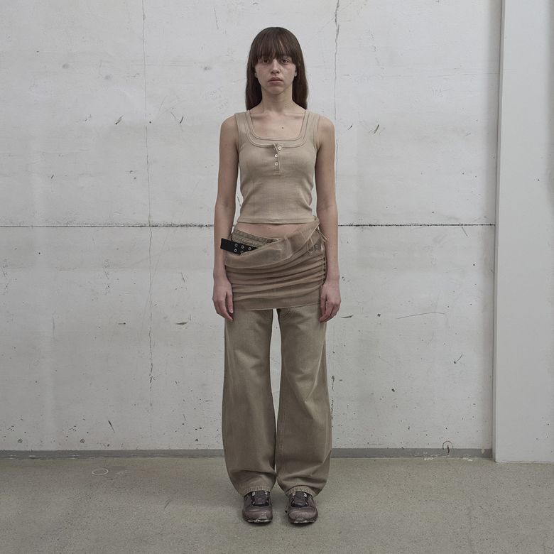 SHEER FRILL LAYERED KNIT SKIRT (BEIGE)