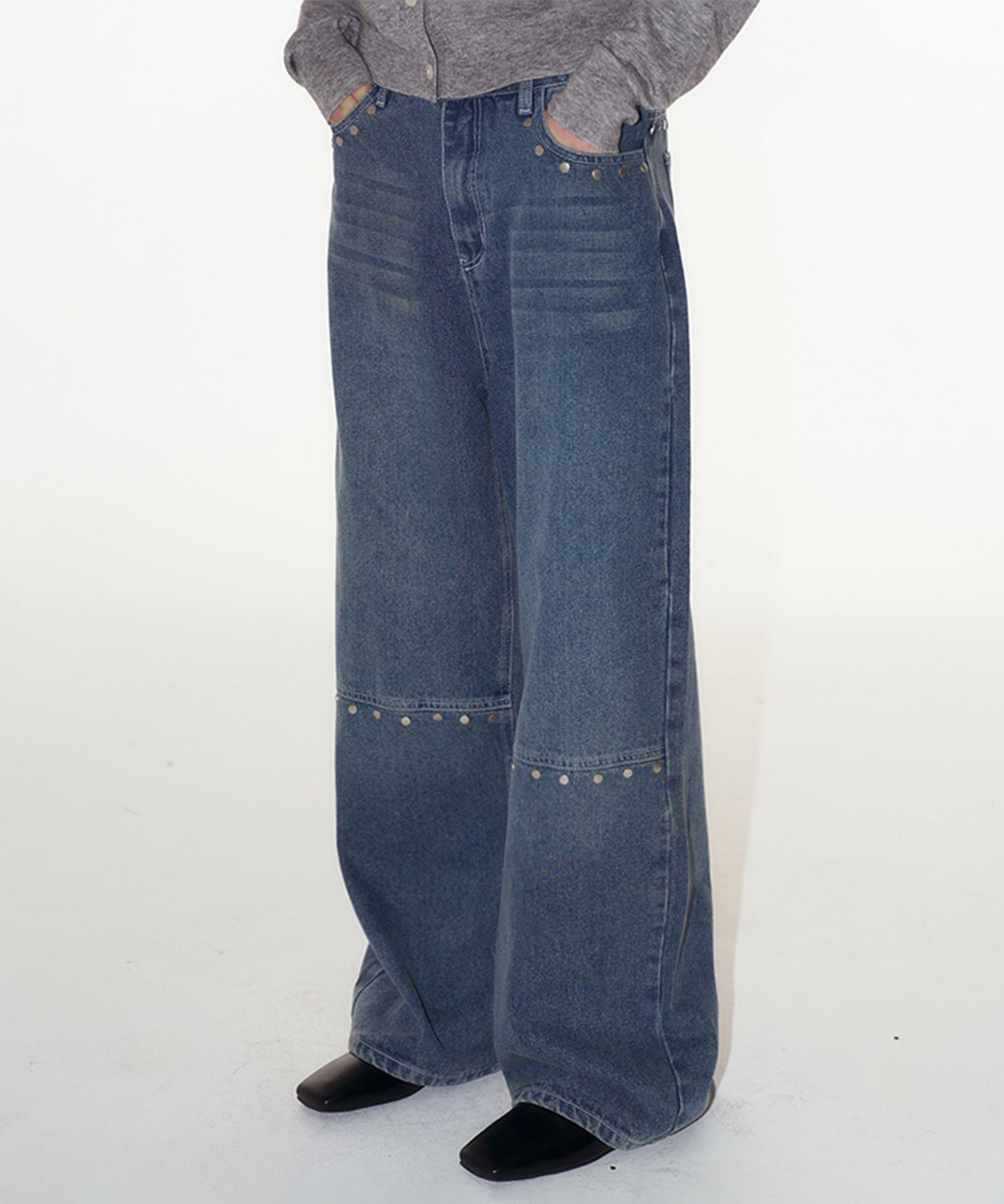 デニム・ジーパン Cut line rivet point wide washed denim pants black MUSINSA | PLACE STUDIO Cut Line Rivet Point Wide Washed