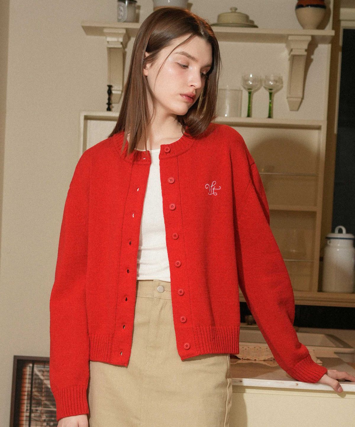 블레티(VLETI) Cotton Round Knit Cardigan (red)