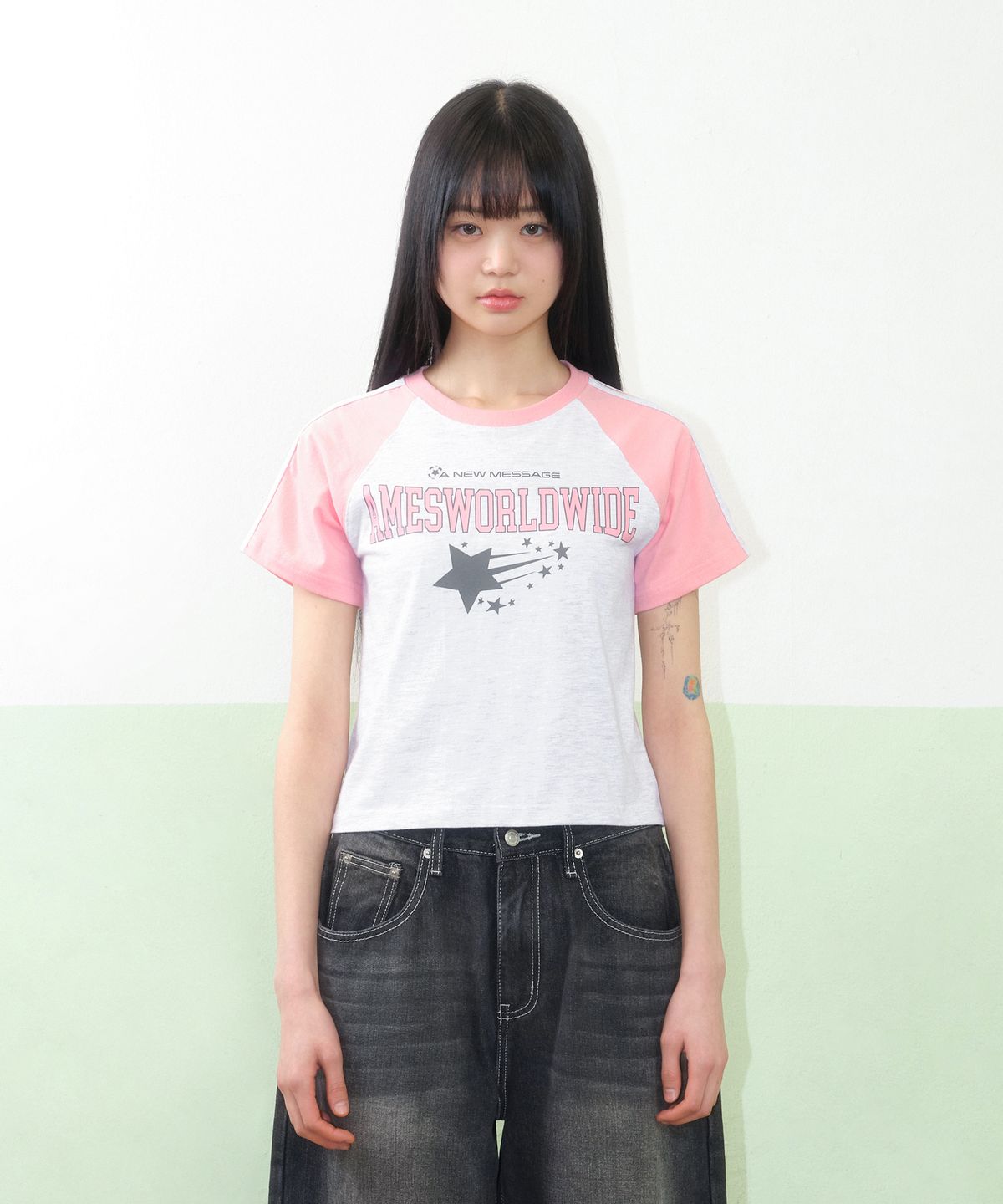 아메스 월드와이드(AMES-WORLDWIDE) STAR LOGO RAGLAN TEE GREY