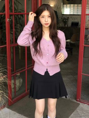 SALENA wool v neck cardigan_POPCORN PINK