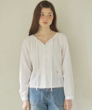 리본 셔링 블라우스 - 아이보리