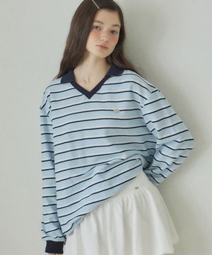 스트라이프 카라 슬리브 티셔츠 - 스카이 블루