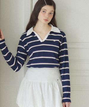 스트라이프 오픈 카라 롱 슬리브 티셔츠 - 네이비