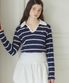스트라이프 오픈 카라 롱 슬리브 티셔츠 - 네이비