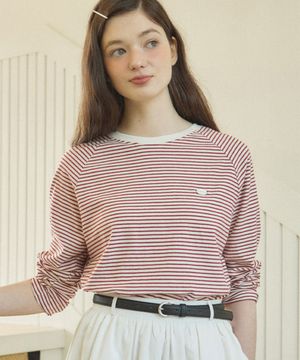 스트라이프 래글런 티셔츠 - 레드