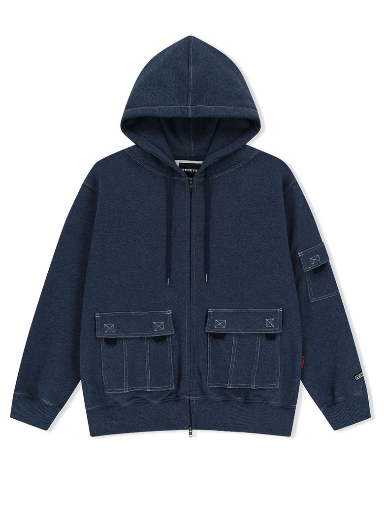 Y.E.S Stitch Pocket Zip up Hoodie Navy