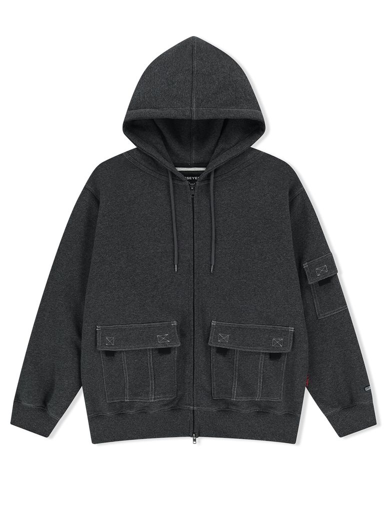 Y.E.S Stitch Pocket Zip up Hoodie Charcoal